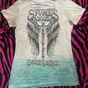 Y2k Affliction Sturgis 2022 Wing Tee in Cream and Teal